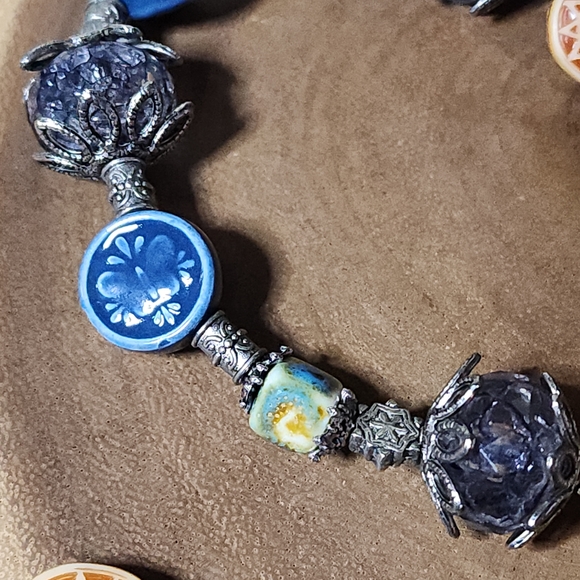 Vintage Silver, Blue, Orange, & Green Necklace With Ceramic, Glass & Metal Beads - Picture 6 of 13